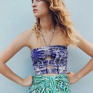 Zara Halter Crop Top Blue Tropical Size Small Cut-Outs Women Beachy‎ Palm Leaves